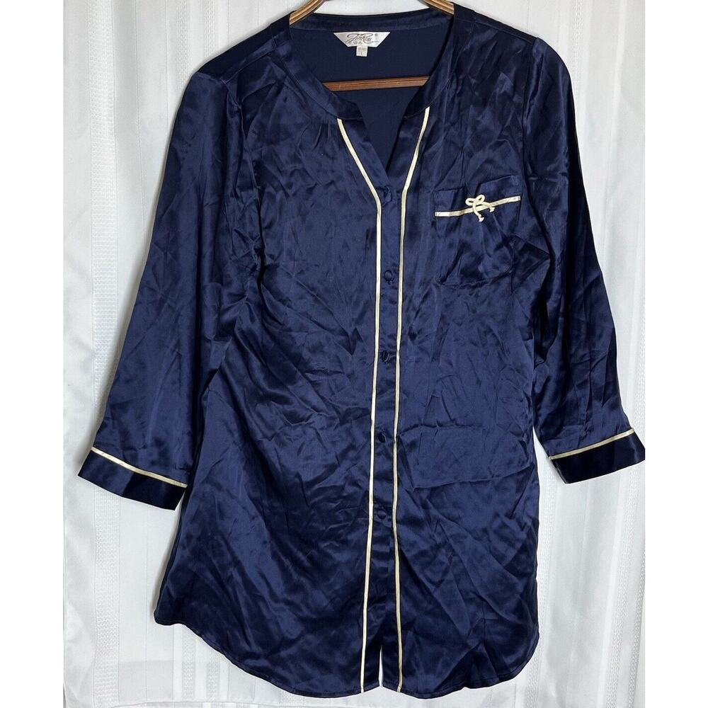 100% Chinese Mulberry Silk Navy Blue Women’s Long Sleepshirt 3/4 Sleeves JinRou